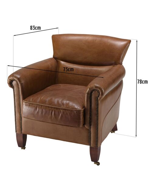 Fauteuil verone vintage cuir pieds bois avec roulettes  Gaston marron  - 73x83x78 cm