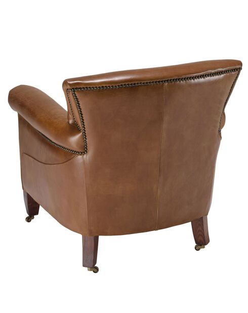 Fauteuil verone vintage cuir pieds bois avec roulettes  Gaston marron  - 73x83x78 cm