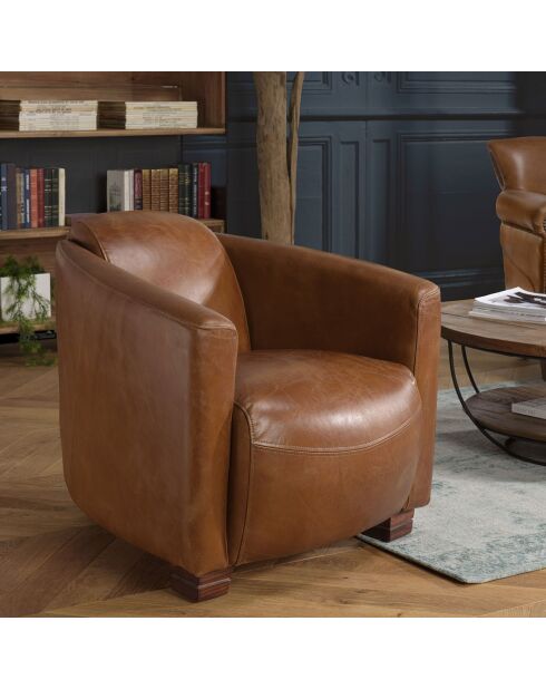 Fauteuil chicago vintage cuir et bois Gaston marron  - 71x82x68 cm