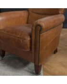 Fauteuil verone vintage cuir pieds bois avec roulettes  Gaston marron  - 73x83x78 cm