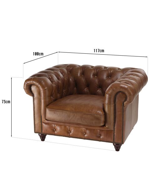 Fauteuil chesterfield 1 place vintage Cuir Gaston marron  - 117x100x73 cm