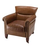 Fauteuil verone vintage cuir pieds bois avec roulettes  Gaston marron  - 73x83x78 cm