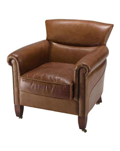 Fauteuil verone vintage cuir pieds bois avec roulettes  Gaston marron  - 73x83x78 cm