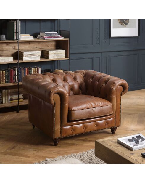 Fauteuil chesterfield 1 place vintage Cuir Gaston marron  - 117x100x73 cm