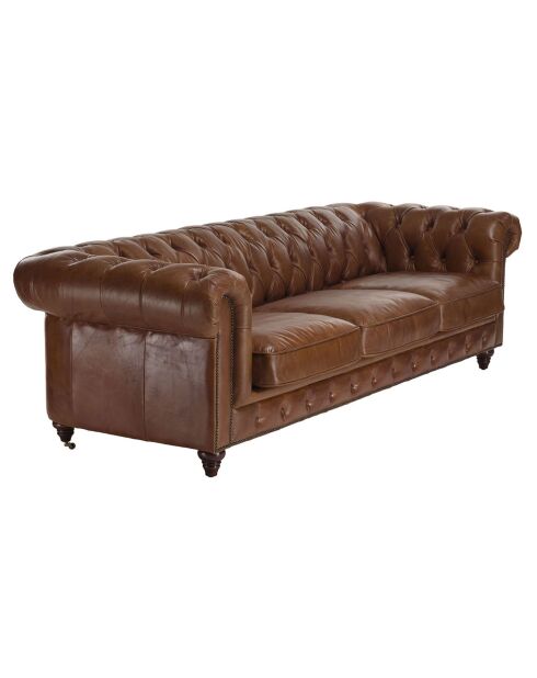 Canapé chesterfield 3 places vintage Cuir Gaston marron  - 247x99x73 cm