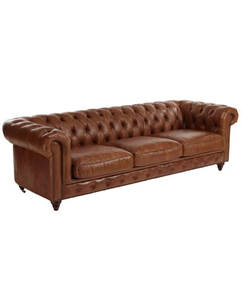 Canapé chesterfield 3 places vintage Cuir Gaston marron  - 247x99x73 cm