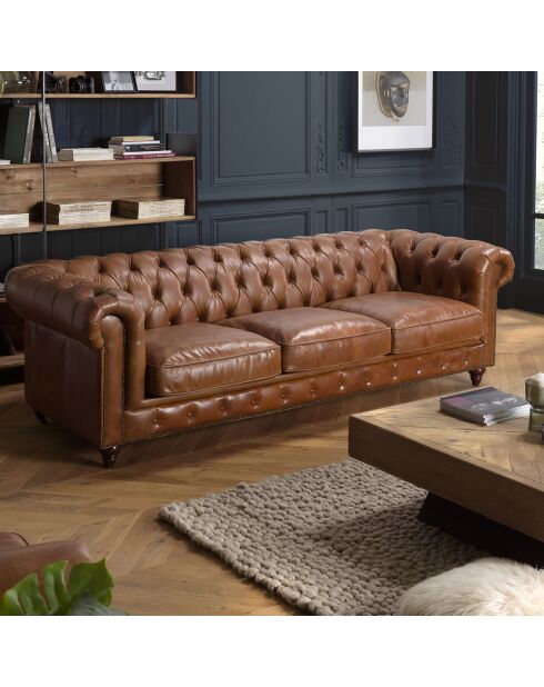 Canapé chesterfield 3 places vintage Cuir Gaston marron  - 247x99x73 cm