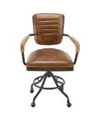 Fauteuil desk vintage cuir à roulettes  Albane marron  - 62x56x98 cm