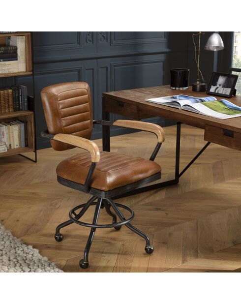 Fauteuil desk vintage cuir à roulettes  Albane marron  - 62x56x98 cm