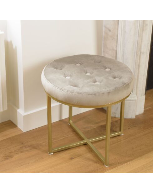 Tabouret velours taupe avec boutons pieds croisés Albane taupe - 41x41x39 cm