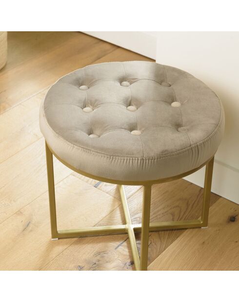 Tabouret velours taupe avec boutons pieds croisés Albane taupe - 41x41x39 cm