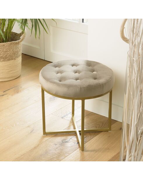 Tabouret velours taupe avec boutons pieds croisés Albane taupe - 41x41x39 cm