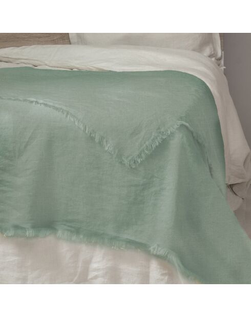 Couvre-lit 100% Lin  frangé Hortense vert de gris