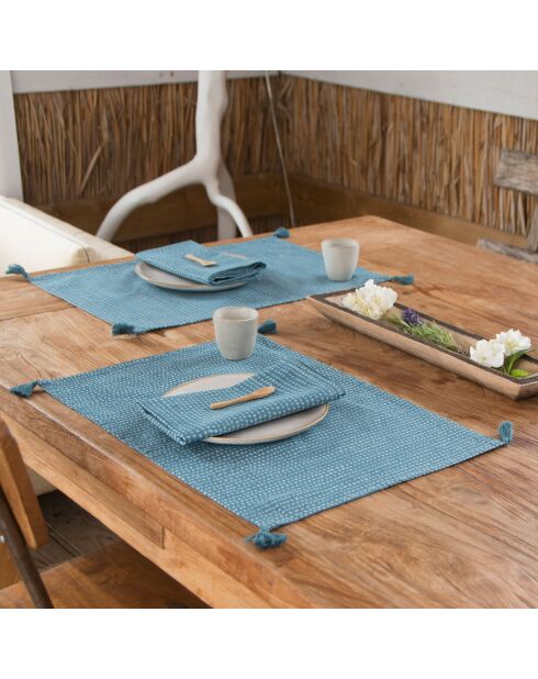 4 Serviettes de table en Coton Dots bleu paon - 45x45 cm