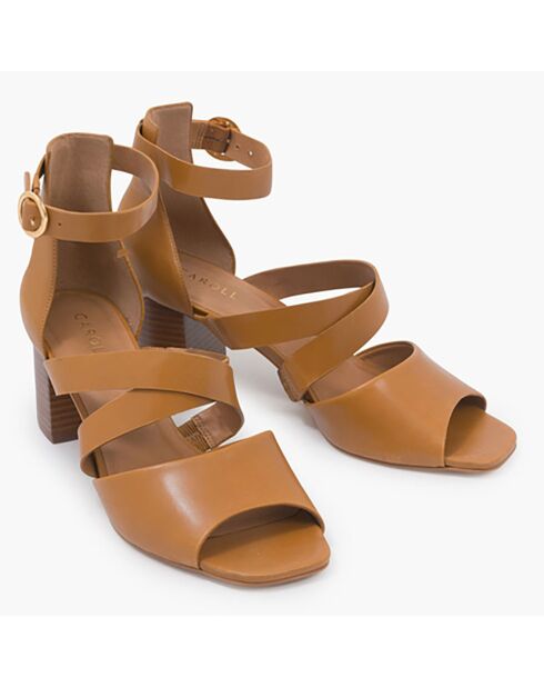 Sandalias de piel filipina camel, tacón de 6,5 cm