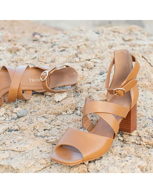Sandalias de piel filipina camel, tacón de 6,5 cm