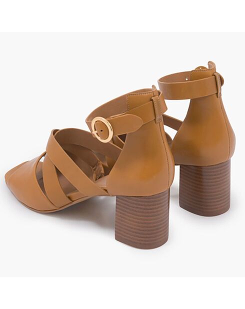 Sandalias de piel filipina camel, tacón de 6,5 cm