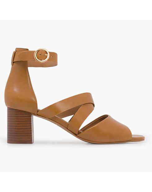 Sandalias de piel filipina camel, tacón de 6,5 cm