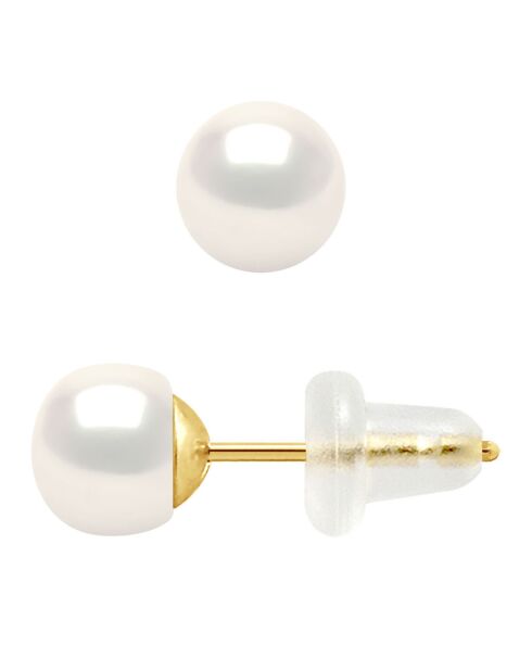 Boucles d'oreilles en Or jaune & Perles d'Eau Douce boutons blanc naturel