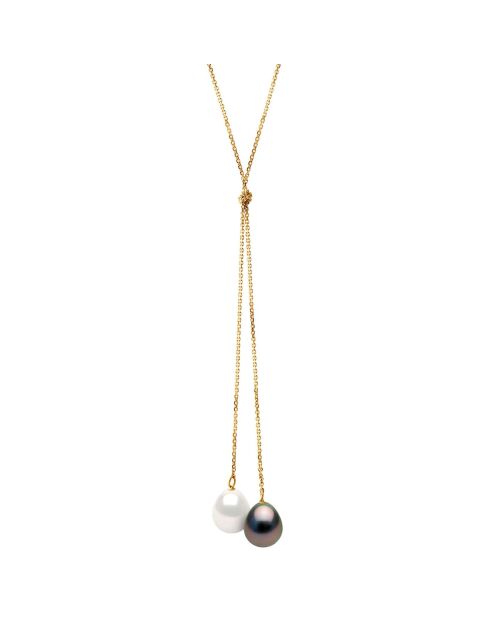 Collier Toi & Moi en Or jaune & Perles d'Eau Douce blanches & Tahiti poires