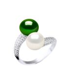 Bague Jonc en Argent , Zircone & Perles d'Eau Douce bouton vert malachite/blanc naturel
