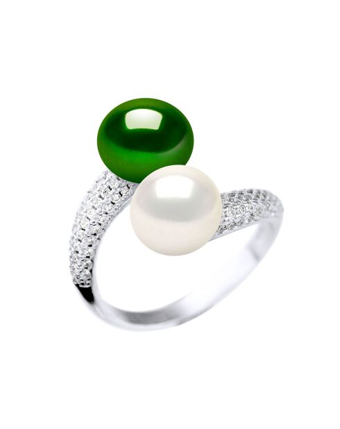 Bague Jonc en Argent , Zircone & Perles d'Eau Douce bouton vert malachite/blanc naturel