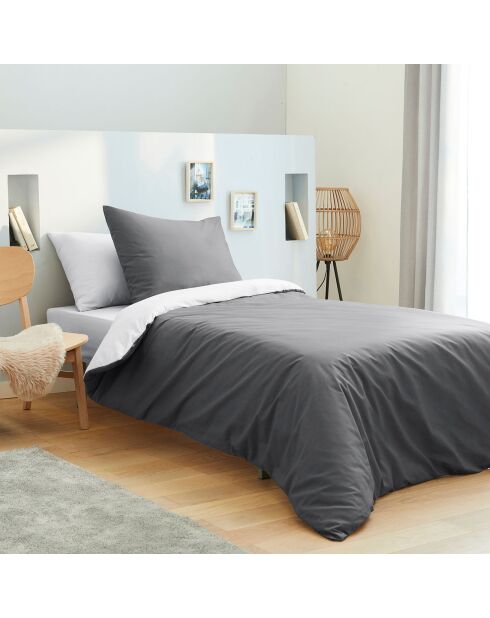 Parure housse de couette, drap housse & taies anthracite/blanc - pour lit 90x190 cm