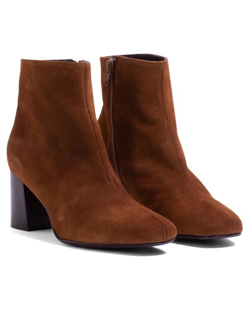 Bottines en Velours de Cuir Gina cognac - Talon 6.5 cm