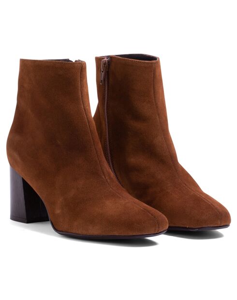 Bottines en Velours de Cuir Gina cognac - Talon 6.5 cm