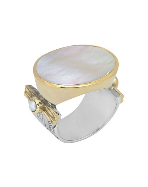 Bague Reine en Argent, Laiton, Nacre & Perle blanche