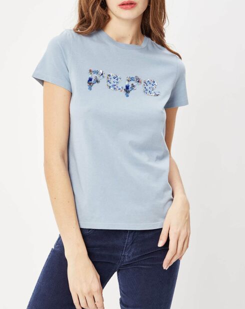 T-Shirt col rond Logo à sequins bleu