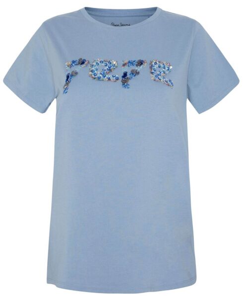 T-Shirt col rond Logo à sequins bleu