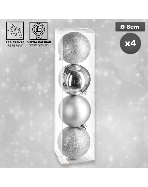 4 silberne Weihnachtskugeln - D.8 cm