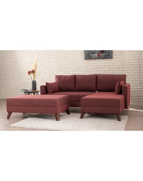 Canapé d'angle droit convertible & pouf Bella bordeaux - 205x85x140 cm