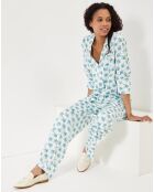 Pyjama satiné Clarisse à fleurs blanc/bleu/vert