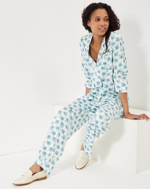 Pyjama satiné Clarisse à fleurs blanc/bleu/vert