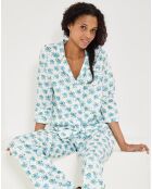 Pyjama satiné Clarisse à fleurs blanc/bleu/vert