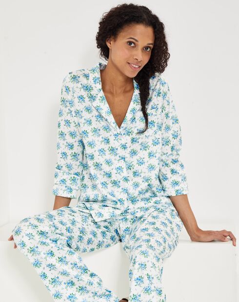 Pyjama satiné Clarisse à fleurs blanc/bleu/vert