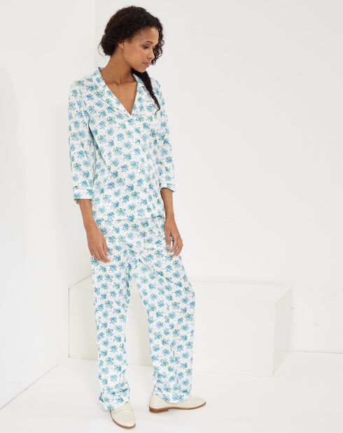 Pyjama satiné Clarisse à fleurs blanc/bleu/vert