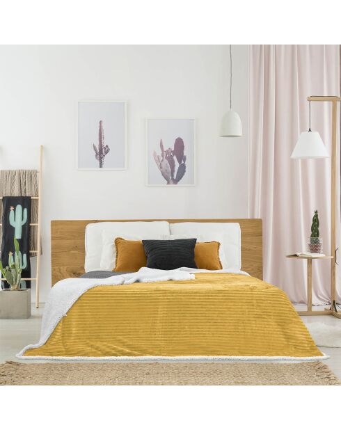Plaid flanelle cotelé sherpa jaune - 180x220 cm