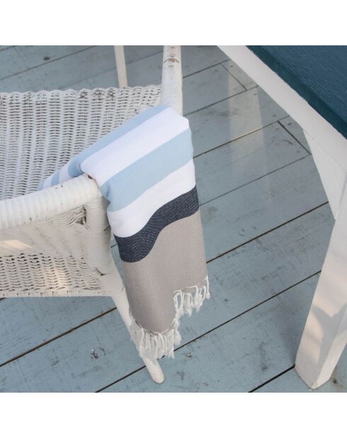 Fouta Arcachon hemelsblauw/wit/marineblauw/parelgrijs - 100x200 cm