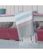 Fouta Arcachon zeegroen/wit/lichtroze/parelgrijs - 100x200 cm