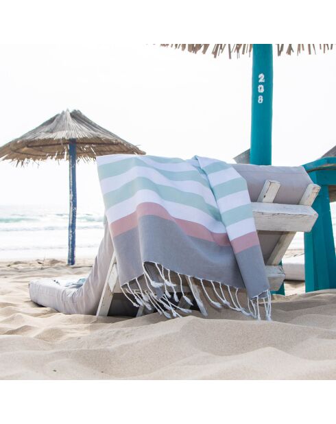 Fouta Arcachon zeegroen/wit/lichtroze/parelgrijs - 100x200 cm