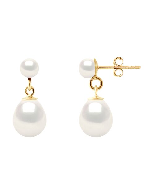 Geelgouden en natuurlijke witte zoetwaterparel dubbele oorbellen