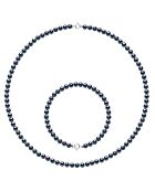 Parure Collier + Bracelet Rang Or Blanc & Perles d'Eau Douce rondes noires