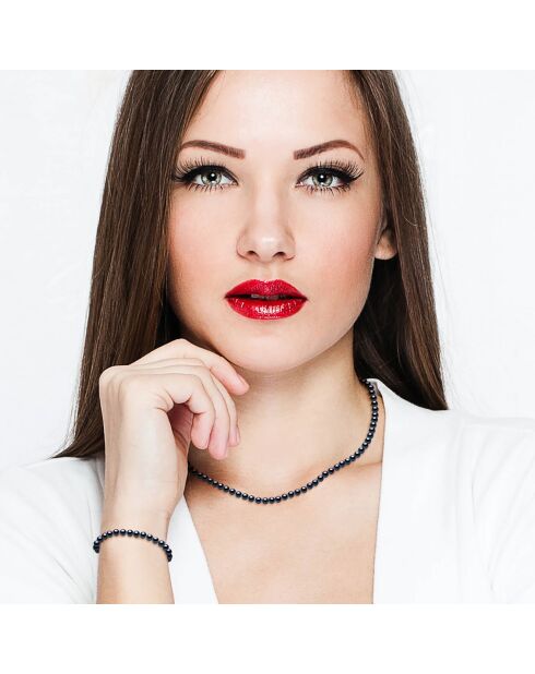 Parure Collier + Bracelet Rang Or Blanc & Perles d'Eau Douce rondes noires
