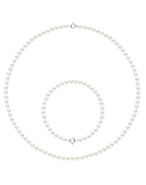 Parure Collier + Bracelet Rang Or Blanc & Perles d'Eau Douce rondes blanc naturel