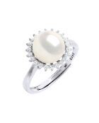 Bague ajustable Argent rhodié, Zircone & Perle d'Eau Douce bouton blanc naturel