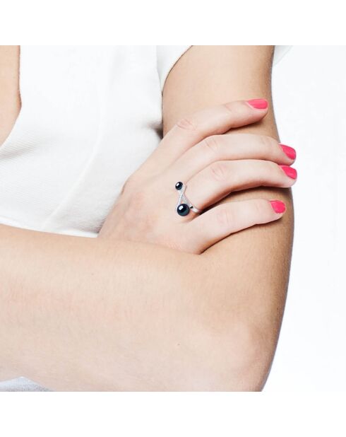 Bague ajustable Barette Argent rhodié, Zircone & Perles d'Eau Douce boutons noires