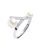 Bague ajustable Barette Argent Rhodié, Zircone & Perles d'Eau Douce boutons blanc naturel